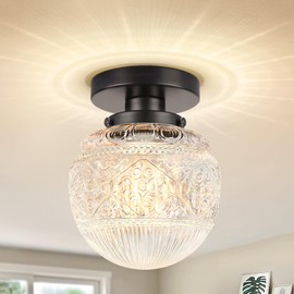 APOTO Black Semi Flush Mount Ceiling Light,Globe Glass Small Ceiling Light Fixture,Modern Light Fixture Ceiling Mount,Kitchen Lighting Fixture Ceiling,Close to Ceiling Lights for Bedroom Hallway Porch