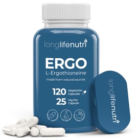 LongLifeNutri- LErgotioneina 25mg 120 Cápsulas Vegetarianas, Suministro para 4 Meses, Antioxidante Natural y Su a Base de Plantas