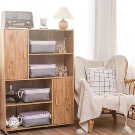 Sea Team 3-Pack Small Storage Basket Set, Storage Cube Organizer, Storage Bins, 12 x 8 x 5 Inches, Rectangle Canvas Fabric Collapsible Shelf Box with Handles for Kids Room (Grey/White)