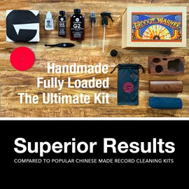 GrooveWasher Mondo Record & Stylus Care System | 9-in-1 Record Collection & Turntable Tool Kit, Vinyl Cleaning Kit Includes Beautiful Wood Handle, a Display Solution + Record & Stylus Cleaner Fluid