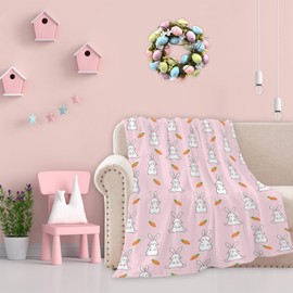 Rabbit and Carrot Fleece Throw Blanket for Couch Sofa Bed, Cute Easter Bunny Women Super Soft Blankets and Warm Throws, Cozy, Lightweight 50x60 in Anti-Pilling Flannel Blanket