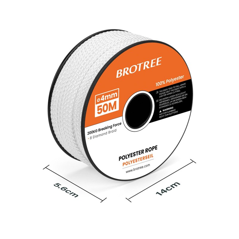 Brotree Polyester Rope 4mm x 50m White - Diamond Braided