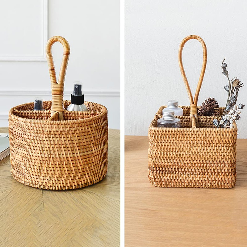 i-lan 2 Pack 4 Section Square Rattan Basket with Handle-Boho