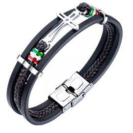 ESTUYOYA - Leather and Stainless Steel Bracelet Italian Flag and Cross Design with Anti-Lost Security Clasp Adjustable Size Unisex Charm