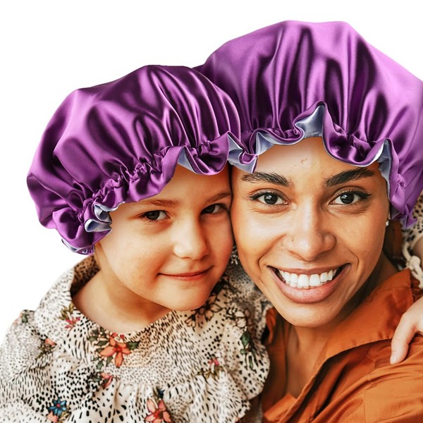 sent hair Mommy and Me Bonnet Set Satin Bonnet Sleep Cap, Adjustable Hair Bonnet for Women and Baby, Kids, Toddler (0-3 Years Old) Curly Hair Cap Double Layer (Purple/Blue)
