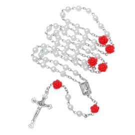 KIMUWHI White Catholic Rosary Necklace for Women, Simulated Pearl Prayer Beads with Rose Accents, Silver Crucifix & Our Lady of Lourdes Medal, Religious Gift for Her