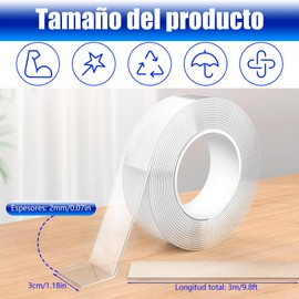 Cinta Nano de Doble Cara, Reutilizable Nano Tape, Impermeable Cinta Doble cara Extrafuerte para Pared, Mesas, Cocinas, Ventanas, Moqueta, Alfombra y Fijación de Fotos, 3 Metros