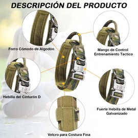 Kokila Collar de Perro con Hebilla de Metal, Collar de Nailon Táctico Ajustable con Asa de Control para Perros Al Aire Libre Entrenamiento, Grandes, Camuflaje, L