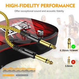 HOSONGIN Guitar Cable 2 Pack 10ft - 1/4 Inch Electric Instrument Cable Bass AMP Cord for Electric Guitar, Bass Guitar, Electric Mandolin, Pro Audio - Yellow/Brown Braided Tweed, 24K Gold Plated Plug