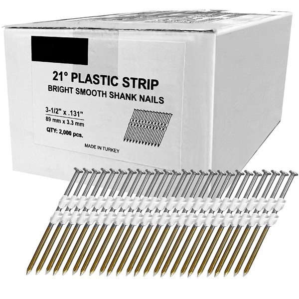 meite 21 Degree Framing Nails, 3-1/2-Inch x 0.131-Inch Round Head Plastic Strip Collated Framing Nails Smooth Shank Nails for Framing Nailer Gun (2,000 Counts)