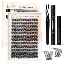 BEFER Lash Clusters Kit, 144 Pcs D Curl Eyelash Clusters Volume Individual Lashes Extensions 10-16MM Fluffy Cluster Eyelash Wispy Cluster Lashes DIY At Home(Radiance,FD03,Kit)
