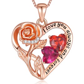 925 Sterling Silver Double Birthstone Rose Flower Heart Jewelry Necklaces for Women Anniversary Love Necklace for Wife Birthday Gifts for Her Girlfriend Mom Valentines Day Rose Gold 01 07