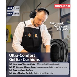 PROHEAR 033 AM FM Bluetooth Radio Headphones with Gel Ear Pads - More Soft Comfort - USB C Rechargeable 2000mAh Battery - 31dB SNR 48Hrs Playtime - Hearing Protection for Mowing Lawn, Gifts for Father