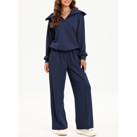 Aleumdr Womens 2 Piece Outfits Sweatsuits Fleece Lounge Set Quarter Sweatshirt Matching Set Oversized Pullover Wide Leg Sweatpant Tracksuits 2025 Fall Casual Travel Clothing Set Blue