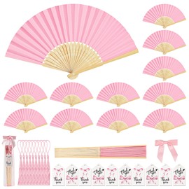 DAZZLIFE 100 Set Folding Fan Set Light Pink Bamboo Handheld Fans with Bows Decor, Thank You Cards, Tassels and Gift Bags Wedding Favors for Guests, Bridal Showers, Church and Party Decorations (Pink)