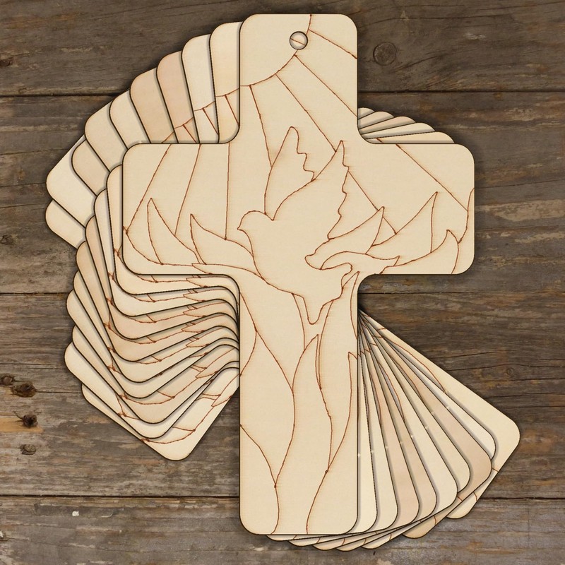 10x Wooden Christian Cross with a Pentecost Design Craft Shape
