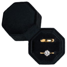 POKOFO Premium Velvet Ring Bearer Box for Proposal Engagement Wedding Ceremony - Equilateral Octagon Vintage Double Ring Display Holder with Detachable Lid (Black)