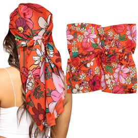 AWAYTR 35” Silk Scarf for Women Large Head Scarf Square Hair Scarf Satin Hair Bandana Printed Silk Sleeping Head Wrap (Daisy(Orange))