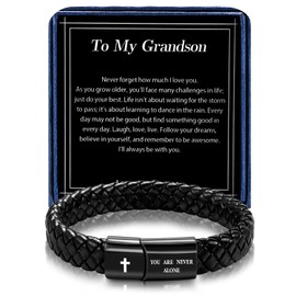Alissl Leather Bracelet for Grandson Christian Black Bracelet Gifts for Grandson Graduation Birthday Christmas Gifts for Grandson