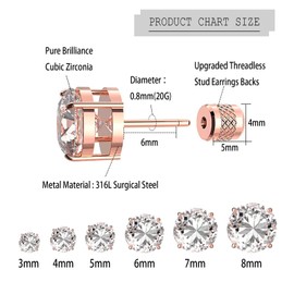 6 pairs Push-in Flat Back Stud Earrings 14K Gold Plated Simulated Diamond Round Cubic Zirconia Earrings Studs Hypoallergenic CZ Stud Earrings for Women men (Rose gold)