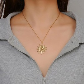 Sun Necklace for Women Vintage Bohemian Spiral Sun Pendant Necklace Unique Gold Statement Sun Necklace Boho Style Jewelry (Gold)