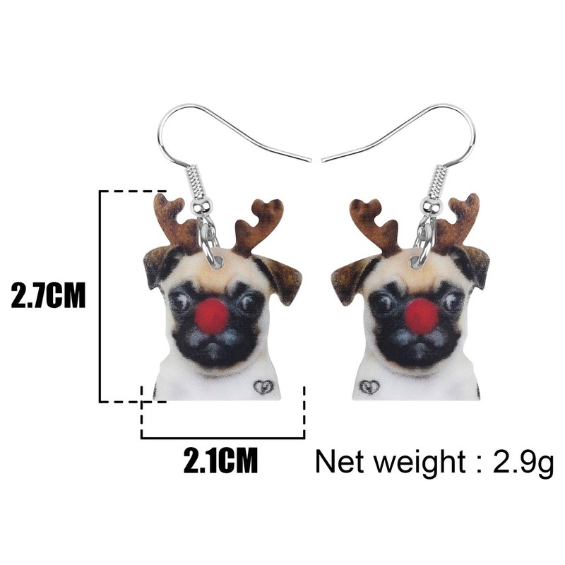 WEVENI Acrylic Christmas Antlers Pug Dog Earrings Dangle Drop Charm
