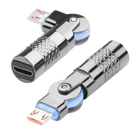 QIANRENON 180° Swivel Micro USB Charging Data Adapter Plug Micro USB Male to Female Rotatable Right Angle Connector Micro to Micro Rotating Extender, 5V 3A 480Mpbs Metal Shell LED Light, 2Pcs