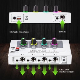 Bolanle PH400 4-Channel Headphone Amp with 8 Output Ports, 3.5mm & 6.35mm Jacks, Mono/Stereo Switch, 7 Color Breathing Light