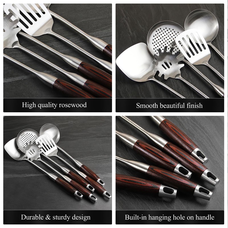 IQCWOOD Stainless Steel Cooking Utensils Set with Wooden Handle, 5