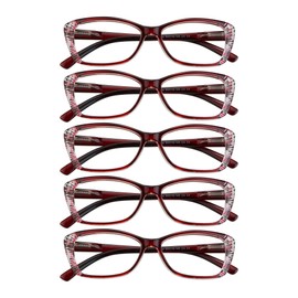 VisionGlobal 5 Pairs Reading Glasses with Spring Hinge, Blue Light Blocking Glasses, Computer Reading Glasses for Women and Men, Fashion Square Eyewear Frame(Red,+4.00 Magnification)