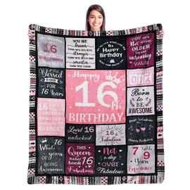 Sweet 16 Birthday Gifts for Girls, Flannel Throw Blanket Birthday Gifts for Her, Unique 16 Year Old Girl Birthday Gift Ideas, Happy Birthday Gifts for Sister, Friend, 16th Birthday Blanket 60x50Inch