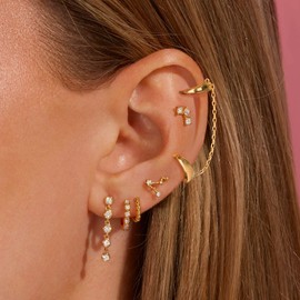 Earrings for Women, Cubic Zirconia Drop Earrings with 18 Carat Real Gold Plated, Heart Chain Cuff, Hypoallergenic Earrings, Trendy Jewellery for Girls and Women, Brass, Zircon