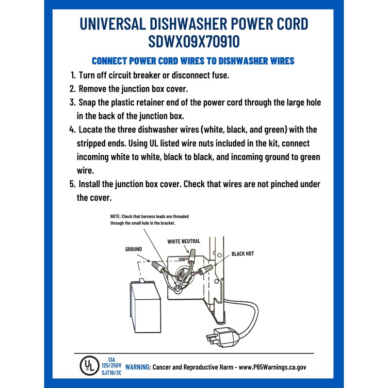 Supplying Demand WX09X70910 WD06X10020 Dishwasher 3 Wire Power Cord Replacement