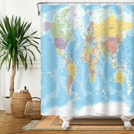 SDOTPMT World Map Shower Curtain Countries and Cities Geography Bathroom Curtain Children's Educational Themed Blue Ocean Bath Curtain for Bathroom Decor with Hooks, 140 x 183 cm