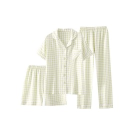 codcm Womens Cotton Pajama Sets Plaid Short Sleeve Button Down Sleepwear Ankle Pants 3 Piece Gingham Pj Set(Green Plaid,Medium)