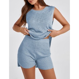 SeekMe Womens Summer Knit Sweater Set Sleeveless Tunic Top Matching Shorts 2 Piece Outfits Trendy Beach Vacation Set(1887-BlueGrey-M-FY)