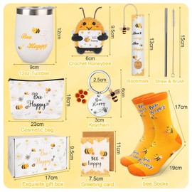 Bee Themed Gifts Set for Women - Funny Honeybee Gift Box Include 12 oz Bee Stainless Steel Tumbler with Straw & Brush Bee Cosmetic Bag Keychain Bookmark for Bee Lover Christmas Birthday Gifts