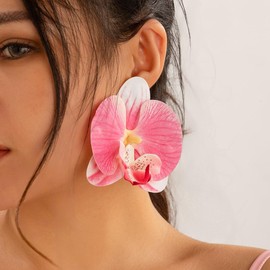 ALRNBY Flower Earrings for Women Orchid Earrings Large Statement Bohemian Flower Stud Earrings Dainty White/Blue/Red Orchid Earrings Unique Hawaii Jewelry for Women Trendy Summer Prom Jewelry Gift (pink)