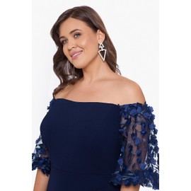 Xscape Women's Plus Size Long Illusion Sleeve Off The Shoulder Dress, Navy