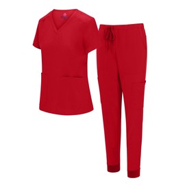 Natural Uniforms Womens Essential Cool Stretch Jogger Scrub Set with Regular and Petite Sizes, Red, Large