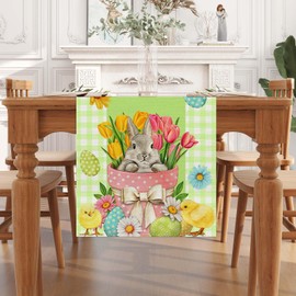 Linen Green and White Buffalo Check Plaid Easter Table Runner 72 Inches Long Easter Egg Bunny Chick Daisy Tulip Floral Table Decor Spring Summer Easter Home Kitchen Dining Room Table Decorations