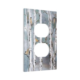 Teal Gold Birch Tree White Bird 1 Gang Electrical Duplex Outlet Covers Landscape Forest Decorative Wall Plate Switchplate Faceplate for Home Room Decor