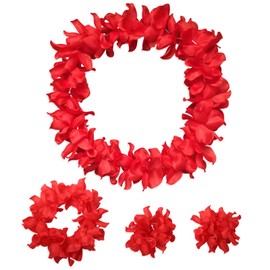 ZCMG Hawaiian Leis Headband Wristbands Hawaii Tropical Luau Flower Women Necklace Headpiece Hair Bands Hairband Bracelets Beach Summer Pool Wedding Cosplay Birthday Dress Up Party Supplies Red