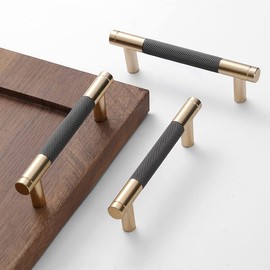 Westablize 2 Pack 3 3/4 Inch 96 mm Bar Cabinet Pulls Gold and Grey Knurled Handles for Brushed Gold Drawer Pulls Cupboard Aluminum Handles