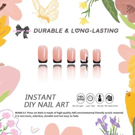 Christmas Press on Nails Medium Square MABKJLF Black French Tip Winter False Nails with Designs Black & White Christmas Hat Full Cover Glossy Glue on Nails Xmas Acrylic Nails for Women Girls 24 Pcs