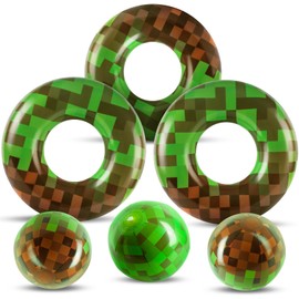 6 Pack Pool Floats for Kids - 3 Pcs Inflatable Green Pixel Swim Tubes Rings & 3 Pcs Pixel Beach Balls,Summer Pool Floaties Set for Hawaiian Beach, Water Park Fun, Swim Tubes for Summer Party