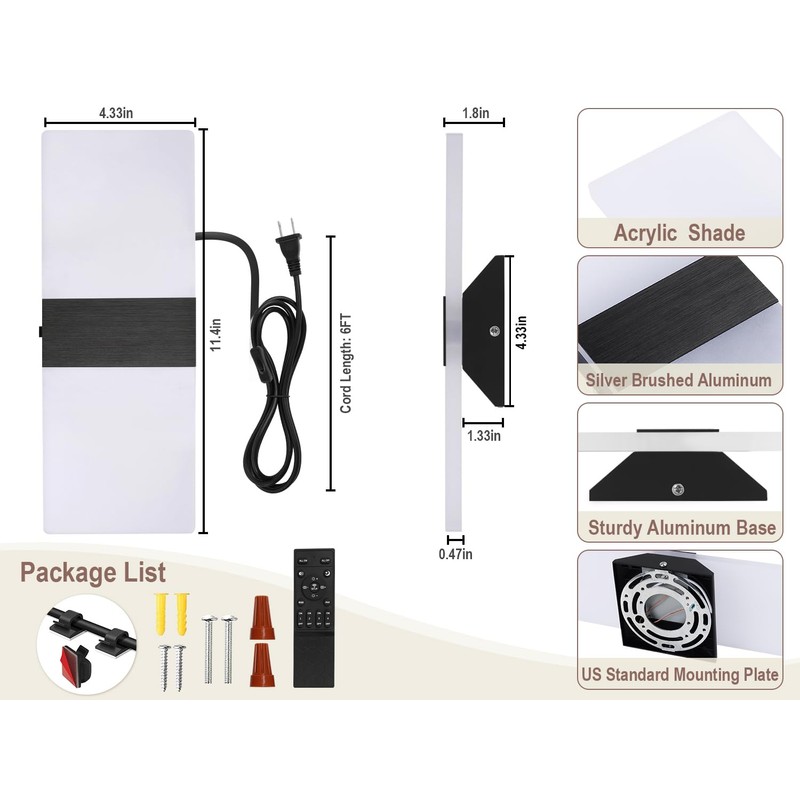 Plug in Wall Sconce with Remote Control, 3000K-6500K Stepless Color