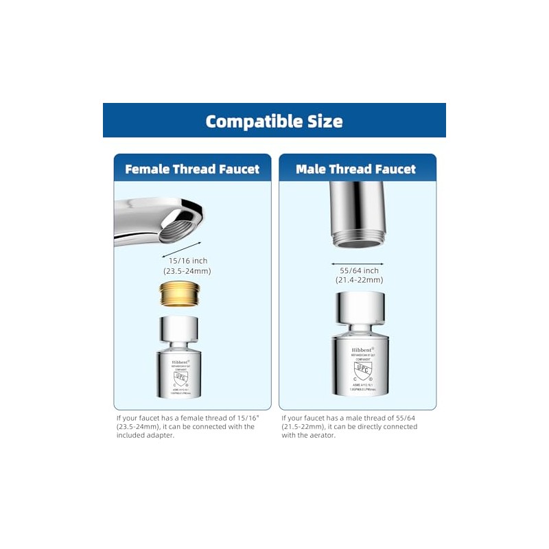 Hibbent NSF/ANSI/CAN 61 Certified Faucet Aerator, CUPC Certification 360° Swivel