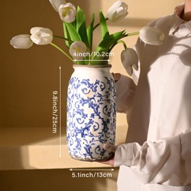 VICTOR & TERESA Rustic Blue and White Vase for Home Decor, Ceramic Vases for Flowers, Farmhouse Decorative Vases for Pampas Grass,Table, Mantel, Living Room, Centerpieces, 9.8'', Gifts for Mom
