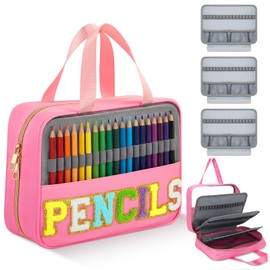 Hillban 108 Slots Large Colored Pencil Case with Chenille Letter Patch Extra Large Capacity Interlayer Pencil Holder Organizer with Handle Zipper Portable Storage Bag for Artist(Pink)